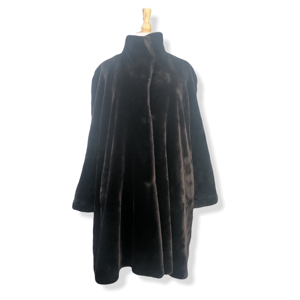 Glossy chocolate brown faux fur coat